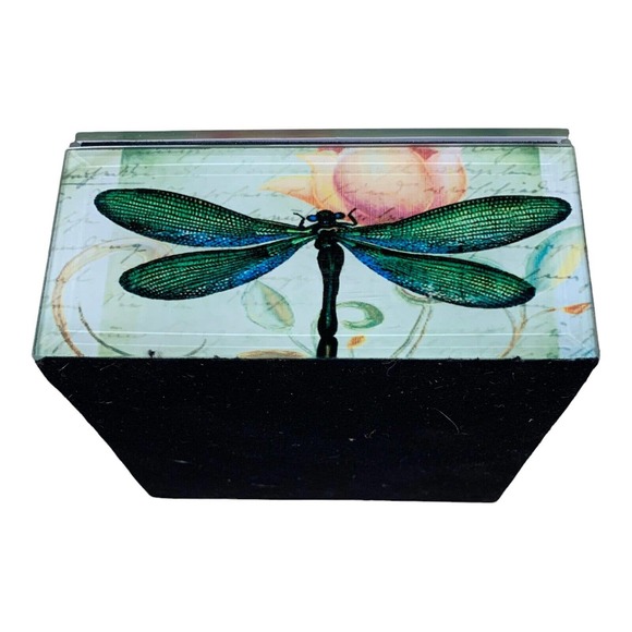 Dragonfly Keepsake Box Jewelry & Trinkets, Beveled Glass, Lined, Hinged Lid 4"SQ - Picture 5 of 5